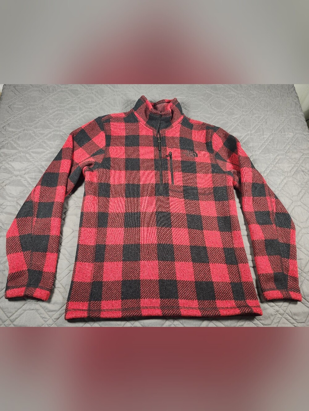 Men's Red and Black Buffalo Plaid Quarter-Zip Sweater